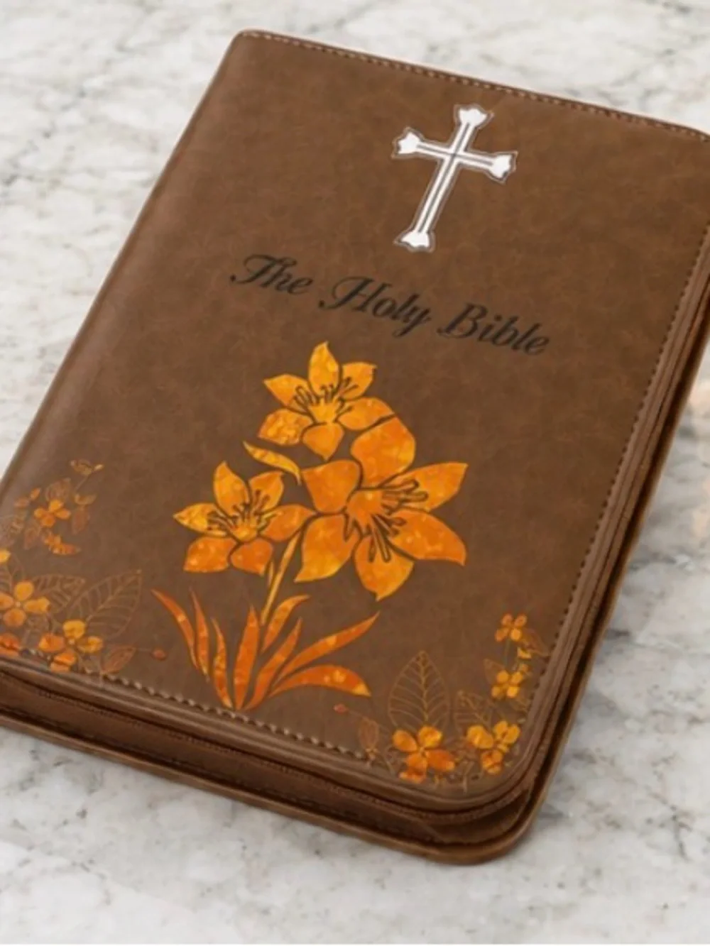 The Holy Bible Faux Leather Wall Art - Brown with Orange Floral